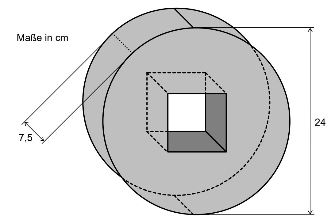 Geometrische Skizze mit Kreisen, Quadrat und Maßangaben in cm.